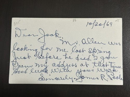 Jim James Poole Signed Index Card 3x5 Letter 1925 Philadelphia Athletics A's