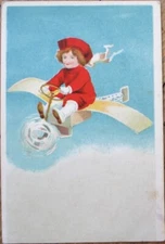 Airplane, Little Girl 1910 Fantasy Aviation Postcard, Color Litho
