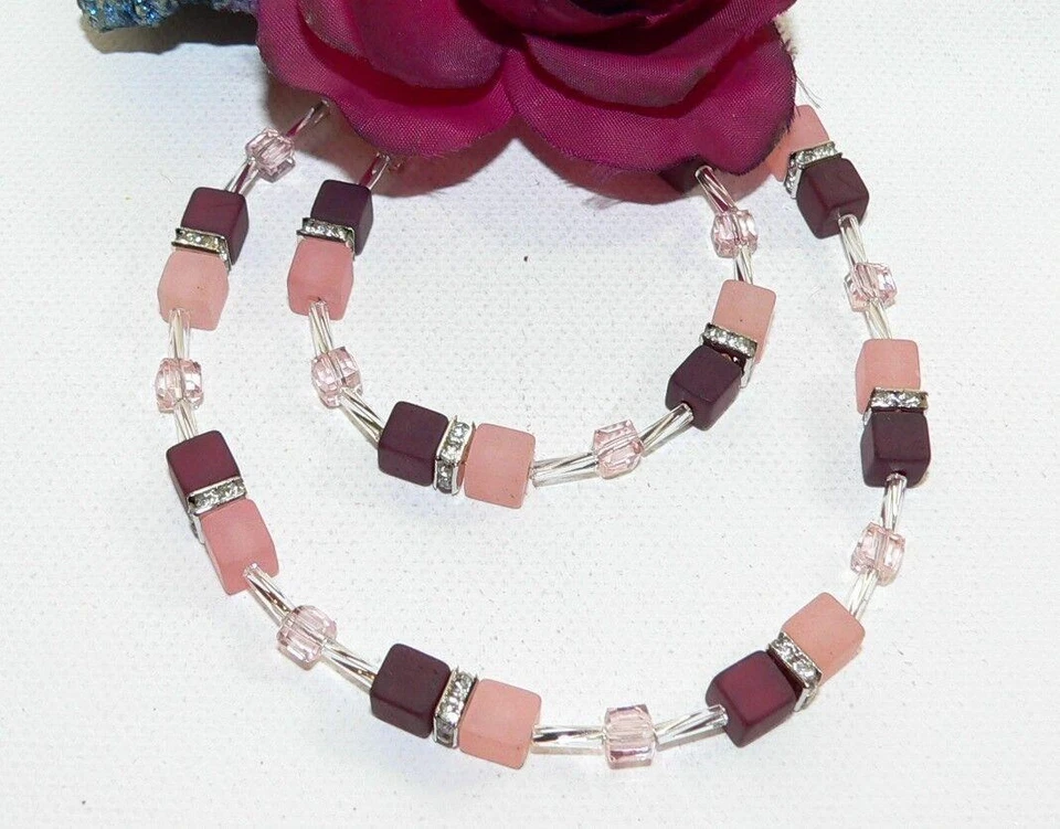 Halskette Kette bordeaux rot lachs rosa facettierte Würfel Glas Strass 362L - Bild 3 von 4