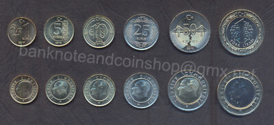 TURKEY FULL COMPLETE COIN SET 1+5+10+25+50 Kurus +1 Lira 2017-2019 UNC LOT of 6