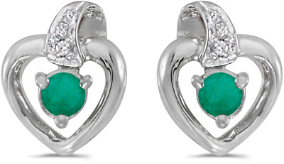 14k White Gold Round Emerald And Diamond Heart Earrings
