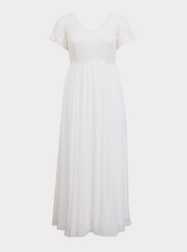 Torrid Dress Women 16 Wedding White Empire Short Sleeve Maxi Lace Chiffon Ivory - Picture 5 of 8