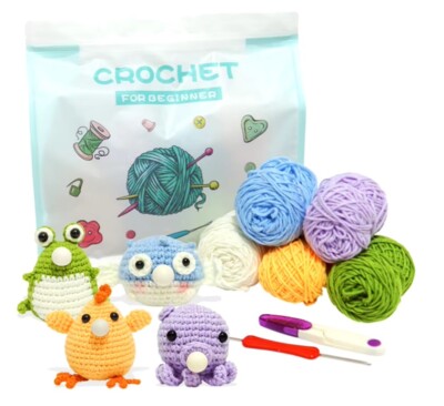 4 Pc DIY Puff Bubble Animal Crochet Kit   Beginner Knitting Set w Video Tutorial