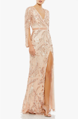 Mac Duggal Swirl Sequin Long Sleeve Faux Wrap Gown Rose Gold Size 6