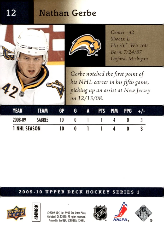 Nathan Gerbe - Signed 2009-10 Upper Deck Series 1 Exclusives /100 Card #12 - Image 2 of 2