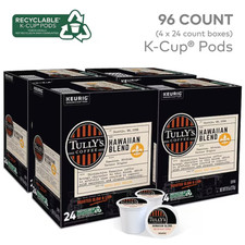 Tully's Hawaiian Blend Coffee Keurig K-Cup Pods, Medium Roast, 96 /Carton