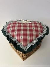 Vintage Heart Shaped Wicker Sewing Basket Fabric Pillow Top Lace Lift Top