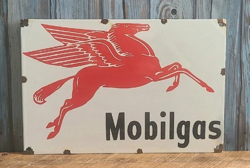 Vintage 12" Mobilgas Porcelain Metal Sign Mobil Oil Gas Pegasus