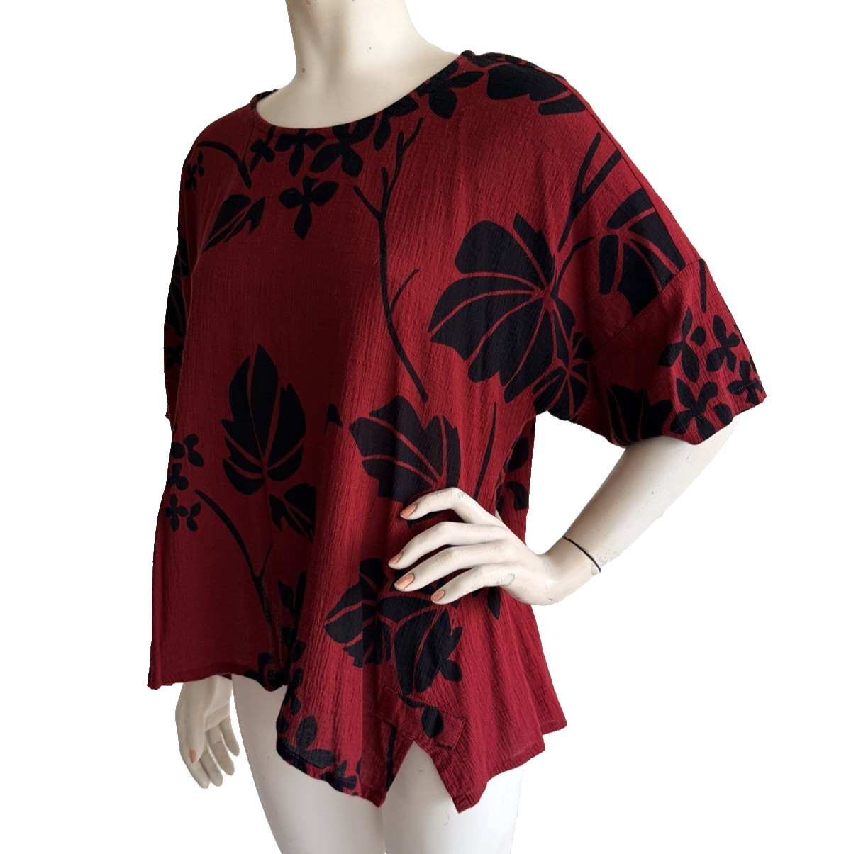YOU-BE Tunic Top Red Black Floral Cotton Gauze Asian Art to Wear Size M L