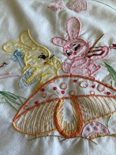 Vintage Hand Embroidered Crib Top Sheet Bunnies Playing Musical Instruments
