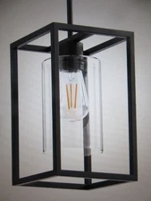 YANSUN 7 in. 1-Light Rectangle Black Pendant Light with Clear Glass Shade