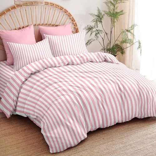 Funda nórdica a rayas tamaño rosa rayas geometría ropa de cama reina rosa blanco rayas Foto 4 de 4