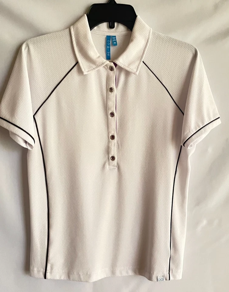 Damen GG Blau Kurzarm Golf Shirt Gr. M Weiß mit Schwarz und Auberginenbesatz - Bild 1 von 4