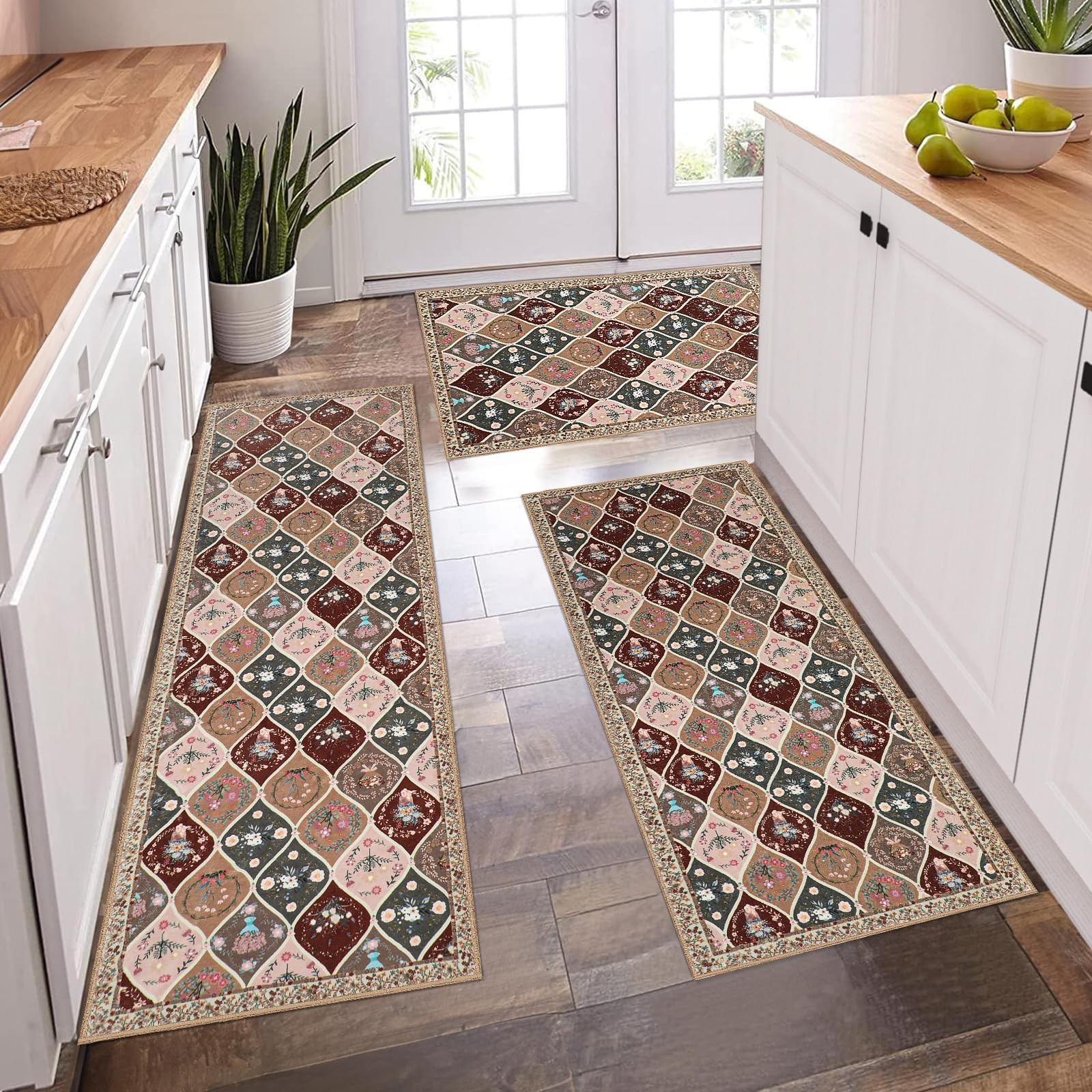 Moroccan Trellis Non-Slip Kitchen Rug Set of 3 Washable Mats for Floors