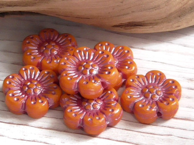 6 - 14mm CZECH OPAQUE ORANGE, PINK/PURPLE WASH WILD ROSE FLOWER, BLOSSOM BEADS