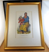 Antique Gold Frame Lithograph Art Print Under Glass 13 x 17" A Chippeway Widow