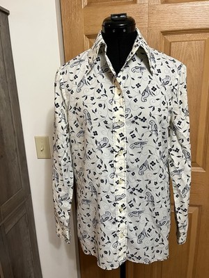 VTG 70s Women s Bird Print Disco Collar Shirt Floral Western Boho Polyester