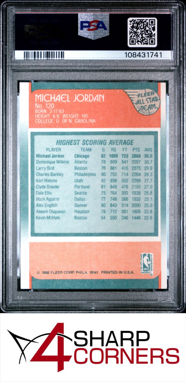 1988 FLEER ALL-STAR #120 MICHAEL JORDAN BULLS HOF PSA 6 view 2