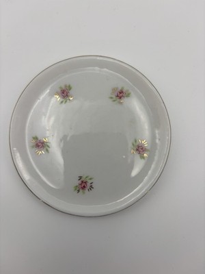 Vintage Miniature Porcelain Pink Rose Green Leaf Trinket Dish Teabag Rest