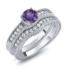 1.10 Ct Round Purple Amethyst Women's 925 Sterling Silver Engagement Ring Set