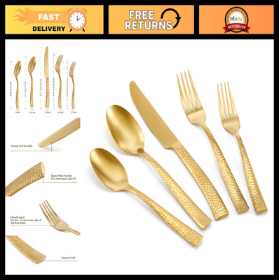20-Piece Matte Stainless Steel Flatware Set, Hammered Heavy Cutlery for 4, Gold