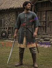 Medieval MS 9mm Riveted Chainmail Half Sleeve Shirt Leather Trim Armor LARP Gift