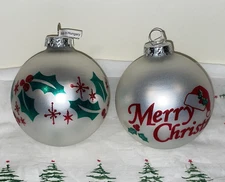 2 Bronners Glass Ornaments Hungary-Red Green White-Merry Christmas-Holly Berries