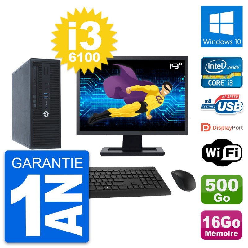 PC HP 400 G3 SFF Ecran 19" Intel i3-6100 RAM 16Go Disque 500Go Windows 10 Wifi