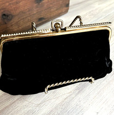 Vintage Black Velvet Clutch Purse Seed Bead Pearl Frame Compact Lipstick Perfume