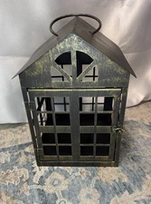 Decorative Metal House Lantern Candle Holder Black Gold Antiqued Finish 11.25"