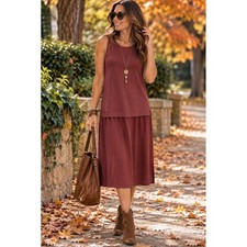 Anne Klein Midi Dress Womens M Red Drop Waist Lagenlook Sleeveless Knit Dress