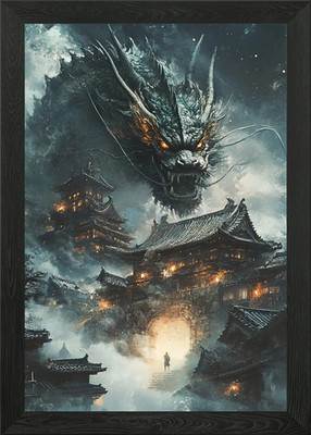 Gerahmtes Wandbild Drache über alter Stadt Poster Leinwanddruck Bild