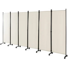 6-Panel Folding Room Divider 6FT Rolling Privacy Screen w/ Lockable Wheels White