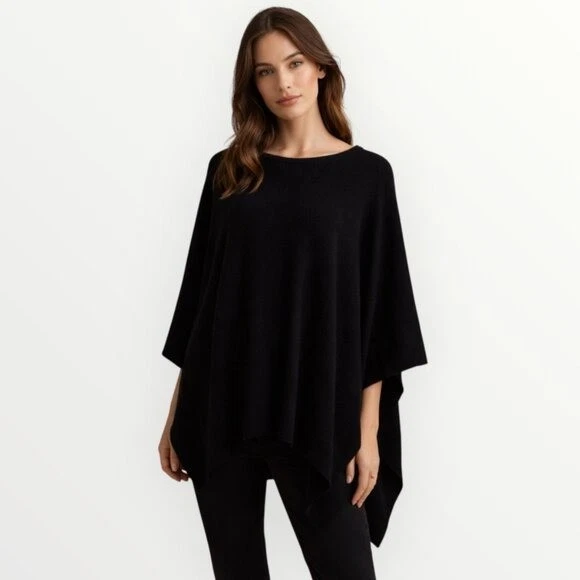 WHITE + WARREN Black Asymmetric 100% Cashmere Poncho Size XS/S