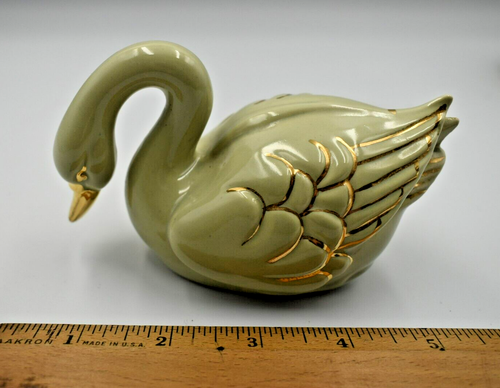 Vintage Lt Green Swans Ceramic and Soap Dish Lt Green with Gold accents - Picture 5 of 13