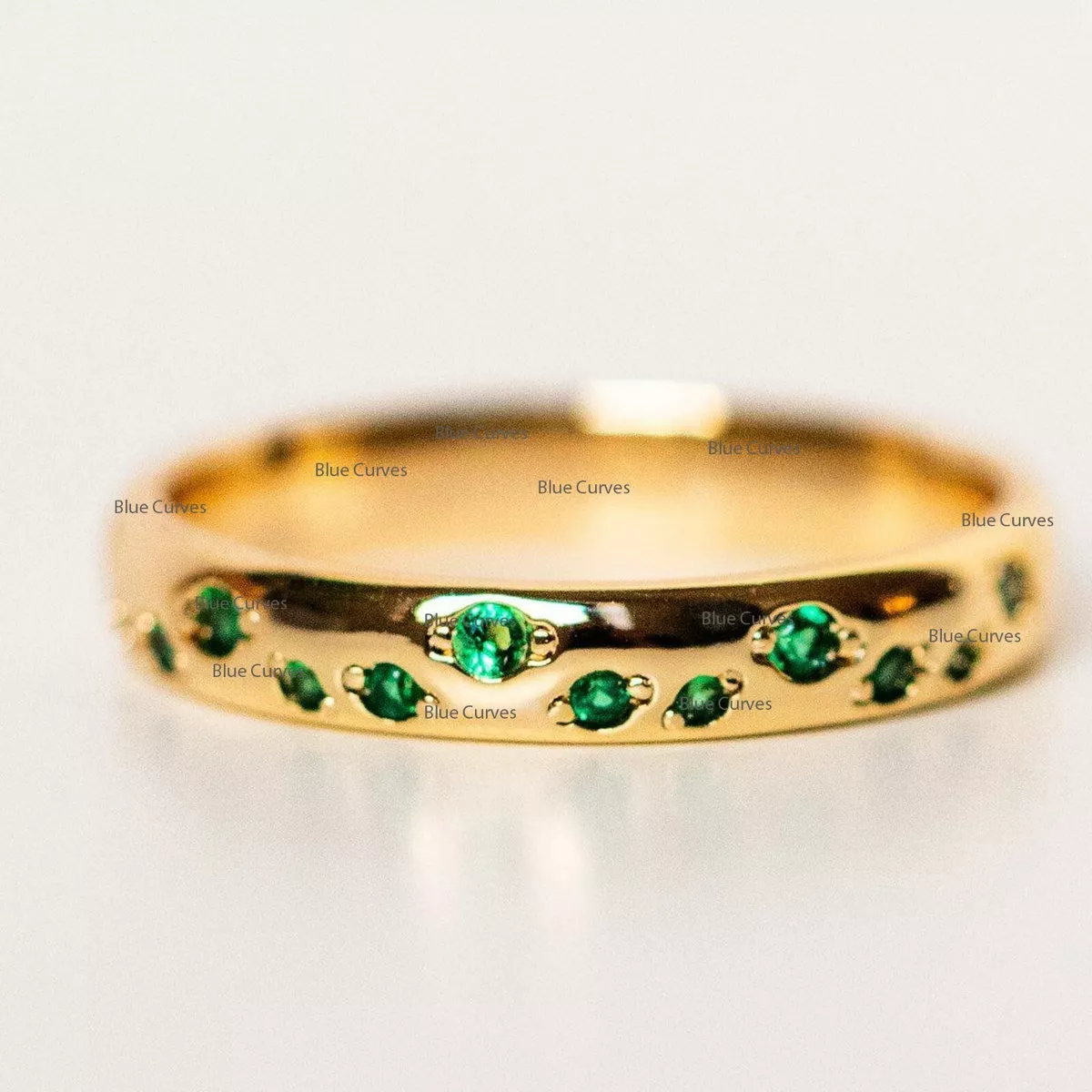 Solid 14k Yellow Gold Dainty Emerald Gemstone Thick Band Wedding
