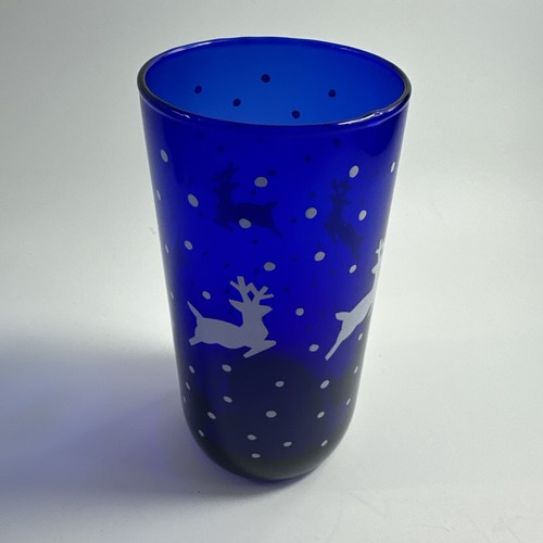12 Libbey Cobalt Blue Christmas Reindeer & Polka Dot Glasses 16oz vtg - Picture 9 of 24
