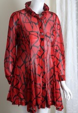 Damee Sz S Red Black Funky Mesh Crimped Collar Long Tunic Jacket Art-to-wear