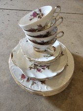 Set of 4 Vintage Royal Rose FIne China Japan Tea Cups Saucers, Plates