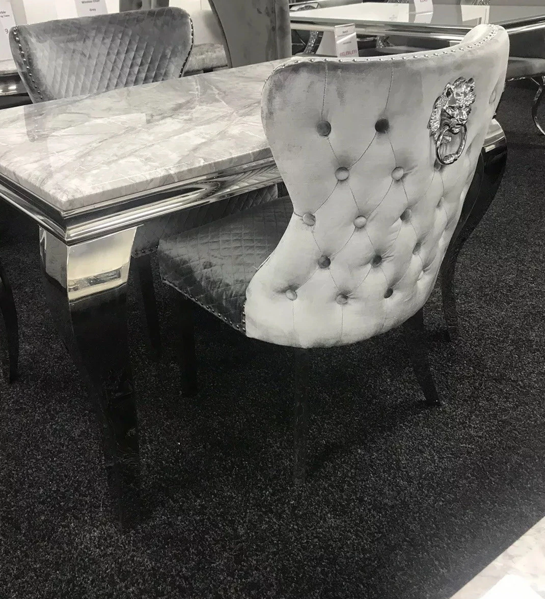 Louis Grey Marble 120CM Dining Table 4Light Grey Lion Knocker Velvet Chairs