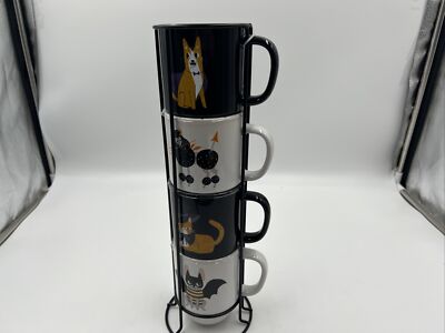 At Home Ceramic 14oz Halloween Cat & Dog Stacking Mug Set BB01B01021