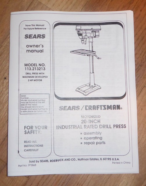 SEARS CRAFTSMAN 20 INCH DRILL PRESS OWNERS MANUAL 113.213213 213213 eBay