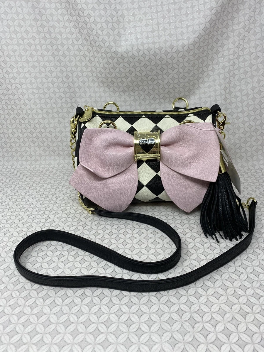 BETSEY JOHNSON Bownanza Black off white checkered pattern tassel pink bow