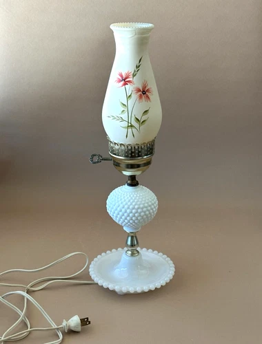 Vintage Milk Glass Hobnail Table Lamp with Decorated Chimney,  18” Tall