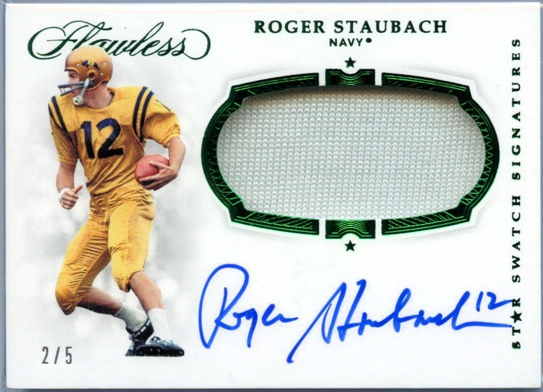 ROGER STAUBACH 2019 FLAWLESS COLLEGIATE GREEN GAME USED PATCH AUTO SP 2/5 NAVY