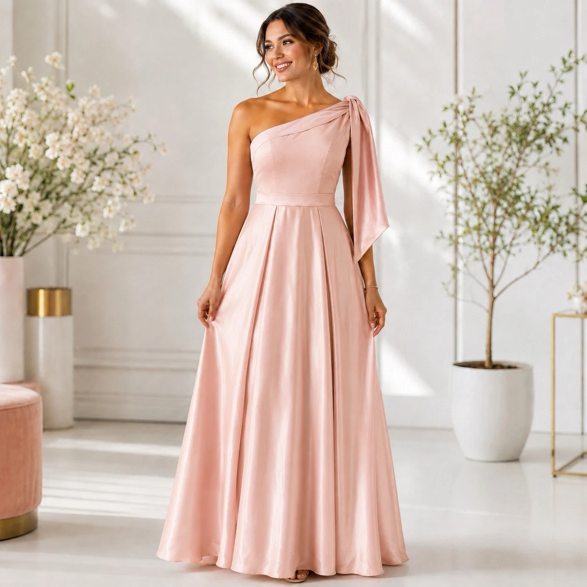 ebay pink dress H&M Womens Asymmetric Satin Pink Long Sleeves Midi Pleated Dress. Size 6