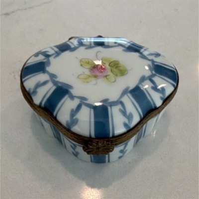 Limoges France Porcelain Trinket Box Blue White Floral Decor Handmade