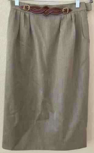 Hermes Tan Twill Wool Pencil Knee-Length Skirt US10/FR42 w/leather Accessory