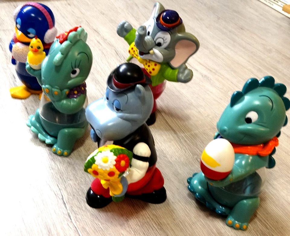 5 Schoko Bons Figuren Dosen - Ü-Ei - Happy Hippo, Pinguin, Elefant, 2 x Dino - Bild 2 von 2