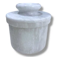 Marble White Butter Bell Crock Keeper White With Gray Marbling Solid Stone